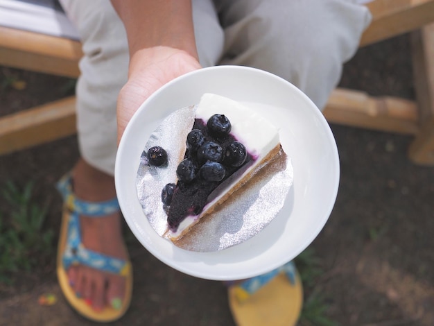 Blaubeerkäsekuchen, der auf weißer Platte dient