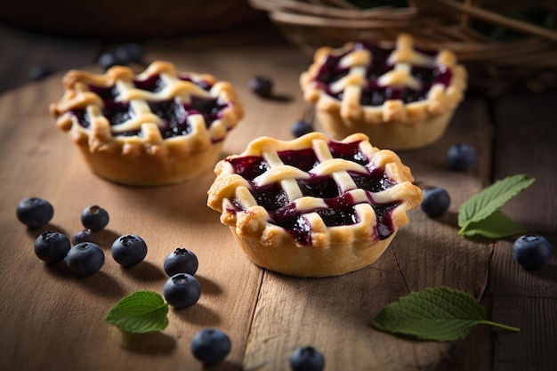 Blaubeerkuchen auf einem Holztisch mit frischen Minzblättern