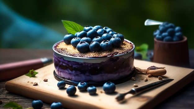 Blaubeerkuchen mit Blaubeeren auf einem Holzbrett