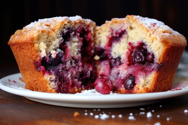 Blaubeermühlchen, das in zwei Hälften geteilt ist und saftige Beeren aufzeigt