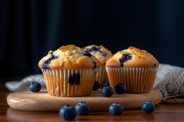 Blaubeermuffin auf Holzbrett Generieren Sie Ai