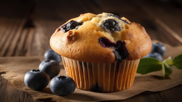 Blaubeermuffins auf einem Holztisch