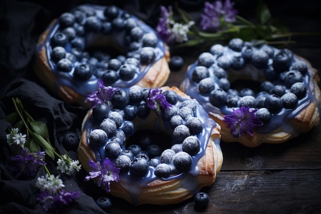 Blaubeerquarkkränze, Gebäckdessert auf dunklem Holzhintergrund. Traditionelle hausgemachte Bäckerei