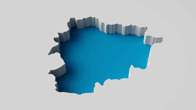 Blaue 3D-Illustrationskarte von Andorra innere Extrusionskarte Meerestiefe mit innerem Schatten