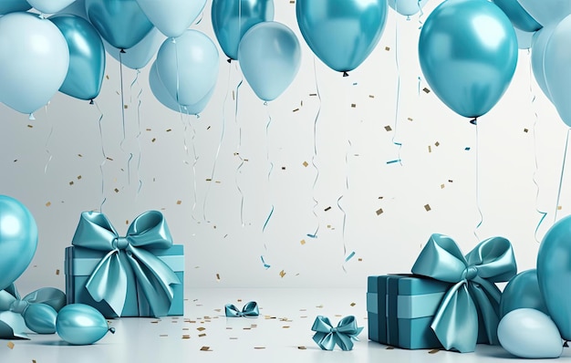 Blaue 3D-Schleife mit Ballon-Geschenkpapier und Konfetti im Stil monochromatischer Kompositionen