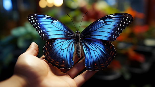 Blaue Admiral Butterfliege ruht in der Handfläche meiner Sonne küßte Ebenholzfarbene Hand