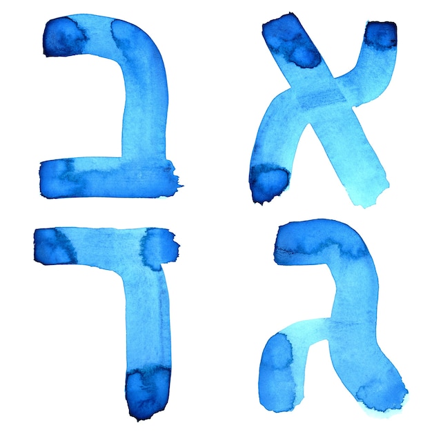 Blaue Aquarellbuchstaben des hebräischen Alphabets