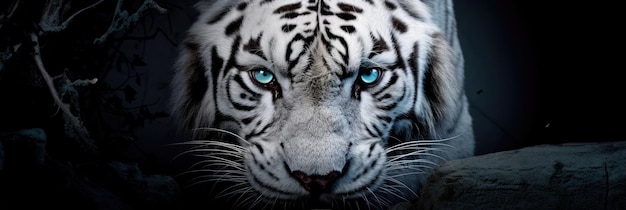 Blaue Augen eines weißen Tigers in Nahaufnahme