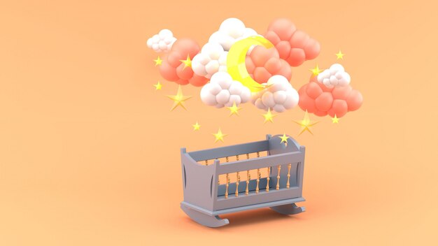 Blaue Babywiege unter Wolken, Mondsterne auf Orange. 3d rendern