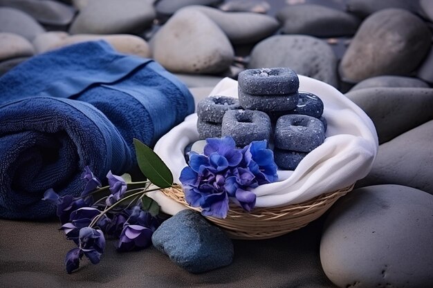 Blaue Badebomben, Steine und Handtücher in Spa am Meerstrand