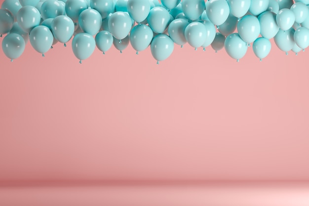 Blaue Ballone, die in rosa Pastellhintergrundraumstudio schwimmen.