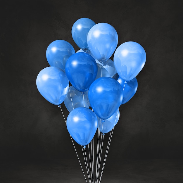 Blaue Ballons bündeln auf einem schwarzen Wandhintergrund. 3D-Darstellung rendern