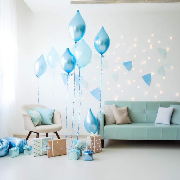 Blaue Ballons dekorieren ein Zimmer mit einer Couch und einem hellblauen Hintergrund