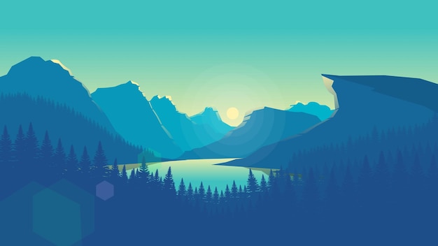 Blaue Berglandschaftstapete in einem minimalistischen flachen Designstil