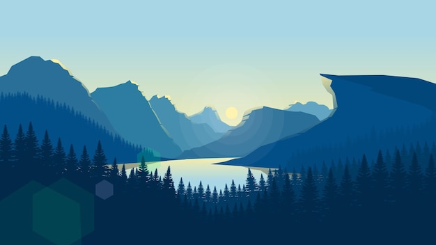 Blaue Berglandschaftstapete in einem minimalistischen flachen Designstil