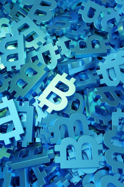 Blaue Bitcoin-Symbole Hintergrund 3D-Darstellung