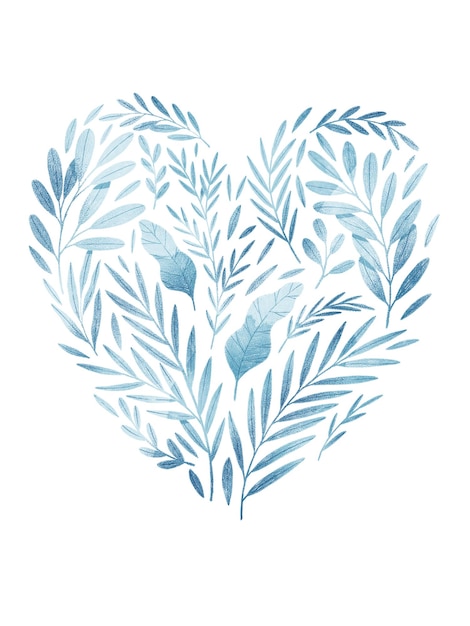 Blaue Blätter und Äste in Herzform Grußkartenvorlage botanische Illustration