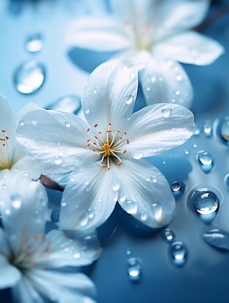 Blaue Blume mit fallenden Wassertropfen