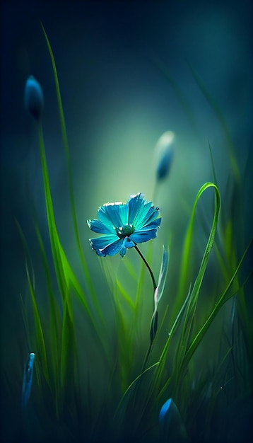Blaue Blume sitzt auf einem üppigen grünen Feld