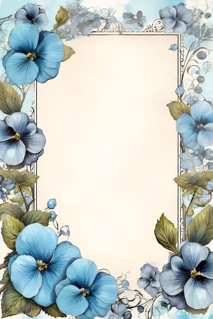 blaue Blumen auf einem Rahmen mit Platz für Text