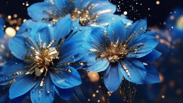 Blaue Blumen mit goldenem Glitzer auf dunklem Hintergrund