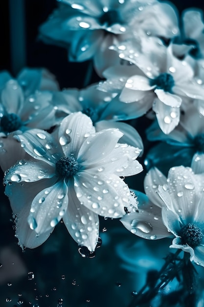 Blaue Blumen mit Wassertropfen auf der Unterseite