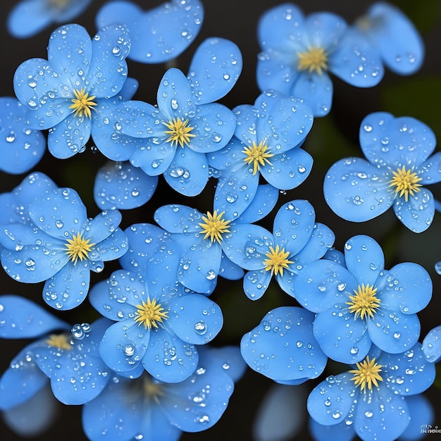 Foto blaue blumen mit wassertropfen auf dunklem hintergrund, ai-foto