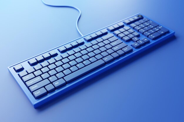 Blaue Computertastatur auf schwarzem Hintergrund 3D-Rendering von Streaming-Ausrüstung und Gamer-Arbeitsbereich-Konzept