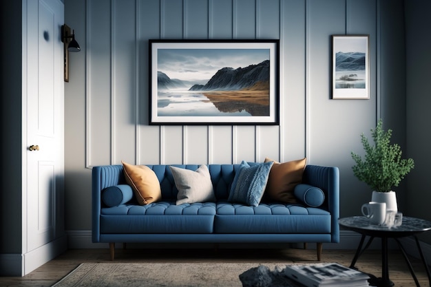 Blaue Couch im Wohnzimmer mit Bildern an der Wand Generative KI