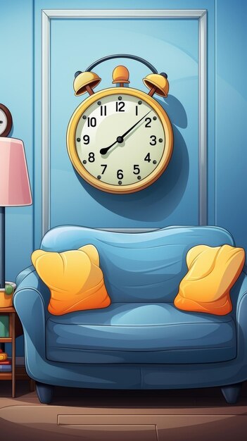 Blaue Couch und Wanduhr im Wohnzimmer