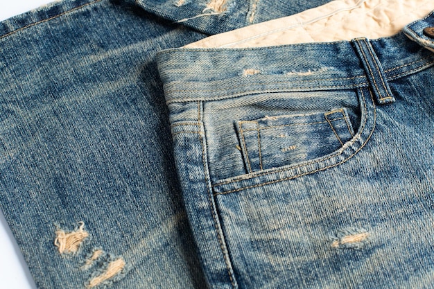 Blaue Denim-Jeans mit Nahtstruktur-Banner mit Kopierbereich für Textdesign-Hintergrund Denim-Mode-Jeans aus Segeltuch und Taschenstruktur Mode-Banner mit Panoramablick