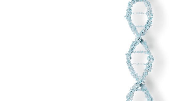 Blaue DNA-Struktur. Weißer wissenschaftlicher medizinischer 3D-Hintergrund. Minimalistischer konzeptioneller moderner Hintergrund für Präsentationen, Cover, Werbung.