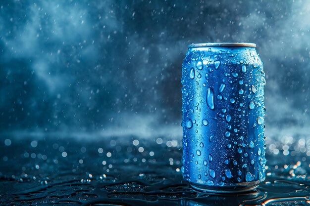 Blaue Dose Soda mit Wassertropfen darauf