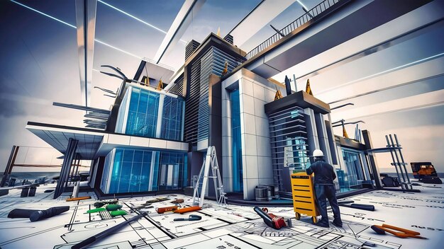 Blaue Drucke mit Werkzeug und Gebäude im Bau Hintergrund3d-Rendering
