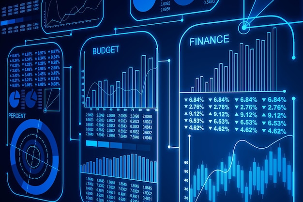 Blaue dunkle Tabelle mit Finanzleistungsstatistik und Analysekonzept 3D-Rendering