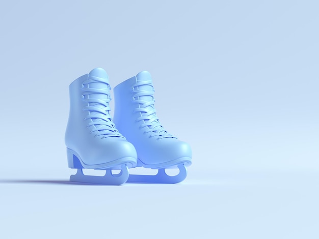 Blaue Eiskunstlaufschuhe. Kreatives Layout auf pastellblauem Hintergrund. 3D-Rendering