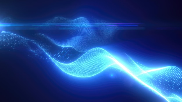 Blaue Energie futuristische Wellen mit Lichtstrahlen und Energiepartikeln Abstrakt Hintergrund