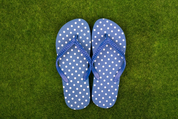 Blaue Flip-Flops in weißen Tupfen auf der Graswiese