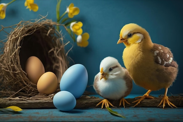 Blaue, gelbe, weiße Eier im Nest und gelbe Küken auf Holzhintergrund Osterkarte Generation AI