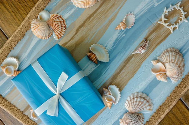 Blaue Geschenkbox auf einer Strand-Themen-Türmatte mit Muscheln