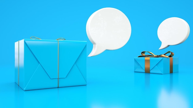 Blaue Geschenke auf blauem Hintergrund sprechen miteinander und führen einen Dialog 3D