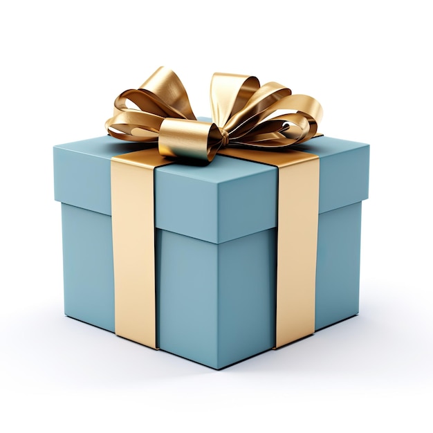 Blaue Geschenkkiste mit einem wunderschönen goldenen Band und einem auf weißem Hintergrund isolierten Bogen Geschenkverpackung
