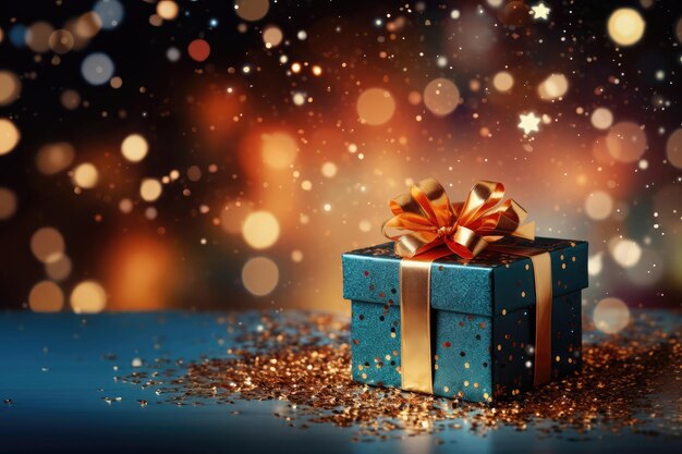 Blaue Geschenkkiste mit goldenem Band auf einem festlichen funkelnden verschwommenen Bokeh-Weihnachtshintergrund