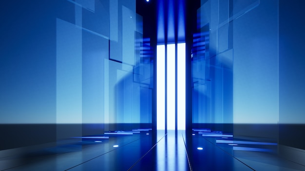 Blaue Glasscheiben des Firmenhintergrundes entlang des verlängerten Korridors 3D-Darstellung