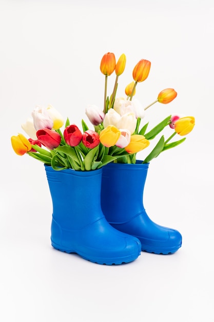 Blaue Gummistiefel mit bunten Tulpen auf weißem Hintergrund. Schuhe für Regenwetter und Pfützen. Schuhladen. schützen Sie Ihre Füße vor Feuchtigkeit und Schmutz.