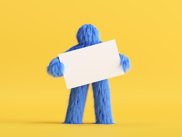 Blaue haarige Zeichentrickfigur, lustiges pelziges Spielzeug hält weißes Kartenmodell isoliert auf gelbem Hintergrund