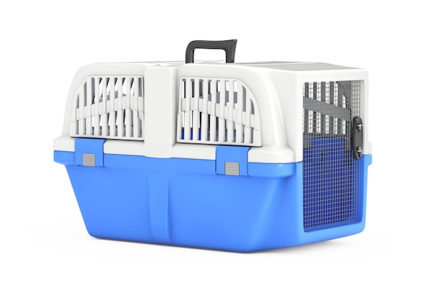 Blaue Haustier-Reise-Kunststoff-Käfig-Träger-Box auf weißem Hintergrund. 3D-Rendering