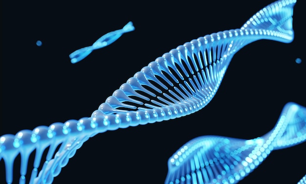 Blaue Helix DNA Chromosom genetische Veränderung auf schwarzem Hintergrund. Wissenschaft und medizinisches Konzept. 3D-Darstellungs-Rendering