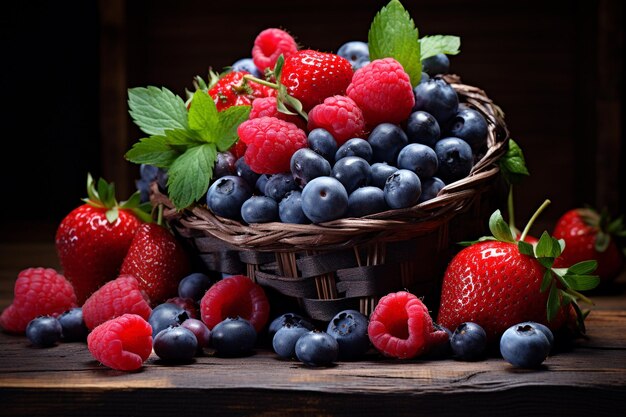 Blaue Himbeeren und Erdbeeren auf Holztisch mit natürlichem Lichtton Generative KI