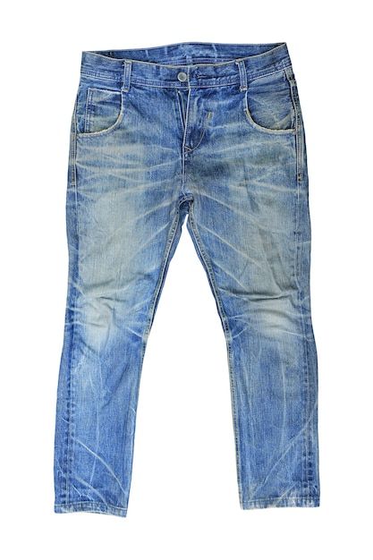 Blaue Jeans lokalisiert auf weißem Hintergrund. Herren-Denim-Kleidung vorne - Beschneidungspfad